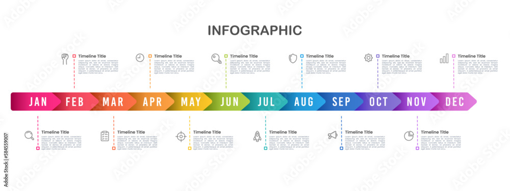 Infographic arrows template for business. 12 Months timeline to success. Presentation, Roadmap, Milestone. Vector illustration.