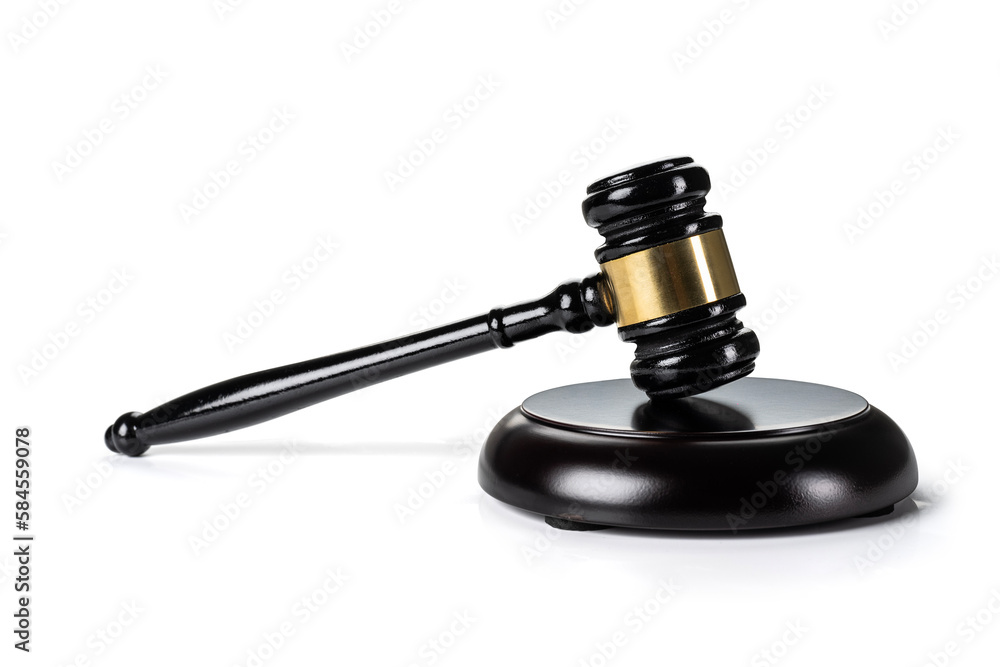 Judge's gavel hammer for adjudication isolated on white background. wooden auction hammer with a wooden stand. law and justice concept. Judge's gavel hammer for adjudication isolated on white background. wooden auction hammer with a wooden stand. law and justice concept.
