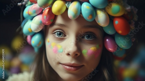 Junges Mädchen witzig mit Ostereier Design zu Ostern dekoriert. ai generativ 