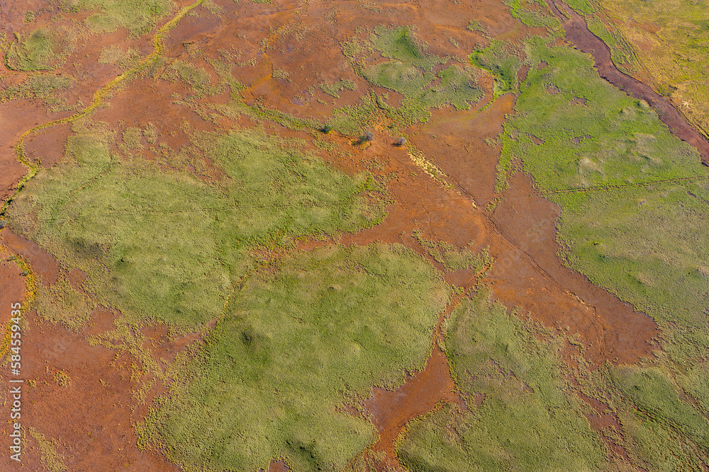 Aerial View of Green Patches on Rusty Terrain in Volcanic Landscape