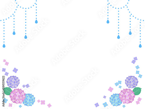 Illustration frame of pink, blue and purple hydrangeas and leaves, rain drops lace
