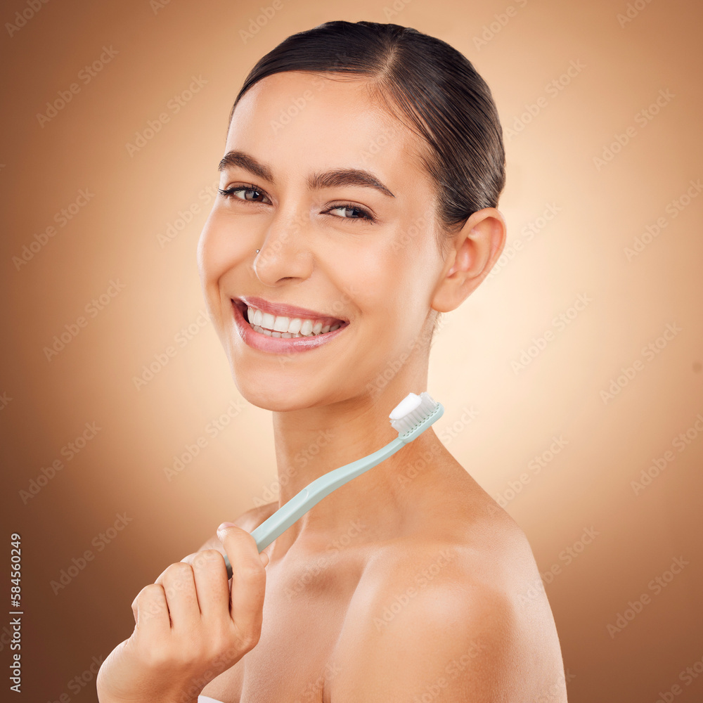 Woman, toothbrush and smile in studio portrait for wellness, self care and beauty by gradient background. Happy healthcare model, dental health and toothpaste for mouth hygiene, cleaning and teeth Woman, toothbrush and smile in studio portrait for wellness, self care and beauty by gradient background. Happy healthcare model, dental health and toothpaste for mouth hygiene, cleaning and teeth