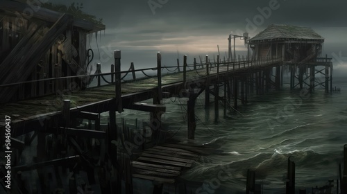Wallpaper Mural Creepy and Spooky Abandoned Pier, Waterfront Background, Concept Art, Digital Illustration, Generative AI Torontodigital.ca