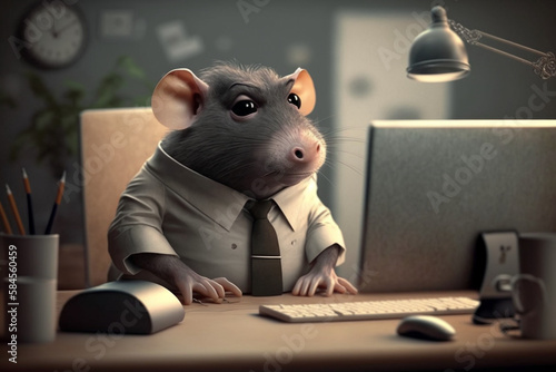 Rat character in suit working in the office, rate race concept