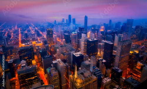 Chicago city aerial view at night light, IL, USA