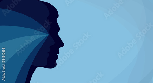 Metaphor bipolar disorder mind mental. Double face. Split personality. Concept mood disorder. Psychology. 2 Head silhouette. Dual personality concept. Mental health. Psychiatry. Banner