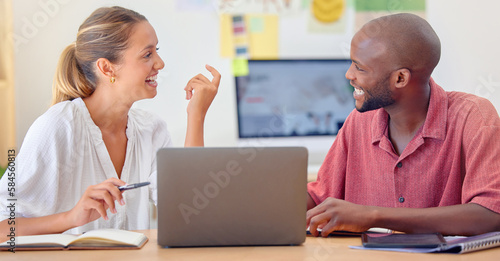 Business people, startup meeting and talking with laptop in office for planning, funny joke and diversity. Group, laugh and comic black man with woman, computer or idea for proposal, solution or goal