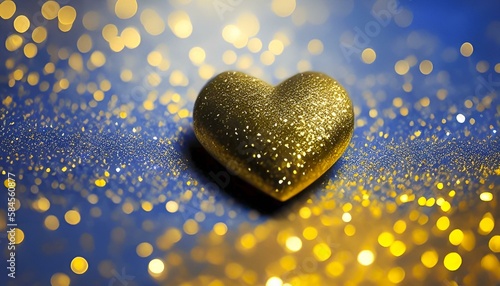  Heart card.Glitter heart and sparkles in blue and yellow tones. glitter heart on a blue blurred background with golden sparkles and yellow bokeh.Valentines day.ai Generated 