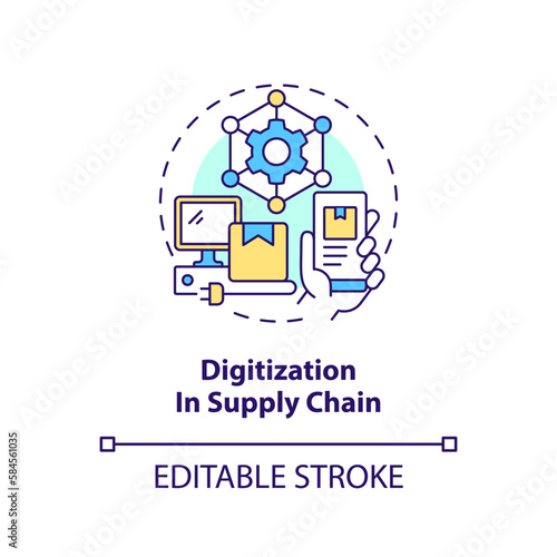 Digitization in supply chain concept icon. Key strategy of goods distribution abstract idea thin line illustration. Isolated outline drawing. Editable stroke. Arial, Myriad Pro-Bold fonts used