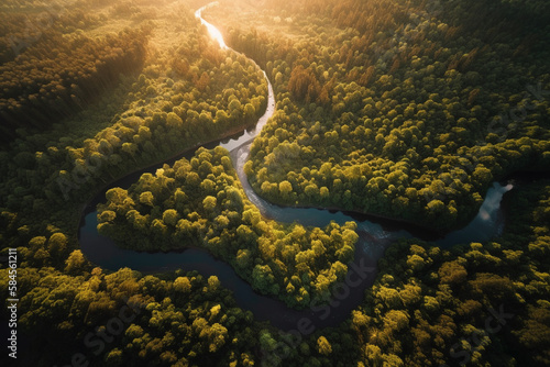 Aerial view of a winding river cutting through a dense forest, drone, ai generative
