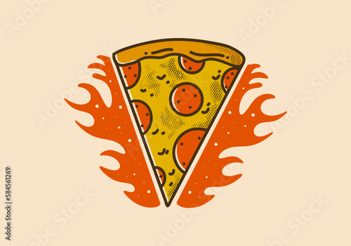 Vintage art illustration of pizza slice with fire flames