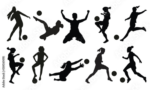 Fototapeta Naklejka Na Ścianę i Meble -  Set of Women soccer player silhouettes. Isolated on white background. Vector illustration