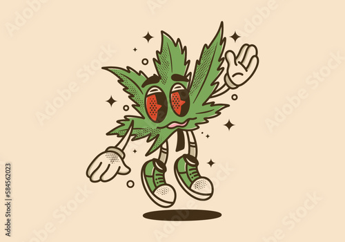 Mascot character of cannabis leaf with red eyes and stoned face