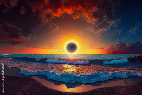 A total solar eclipse with the sun just above the horizon, view from the beach at sunset - Generative AI