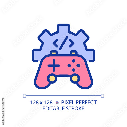 Game development pixel perfect RGB color icon. STEM integration in industry. Students teaching improvement. Isolated vector illustration. Simple filled line drawing. Editable stroke