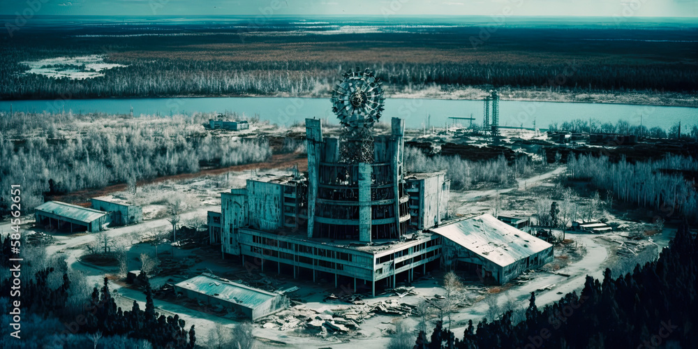 Aerial view of the Chernobyl nuclear power plant accident site - Generative AI