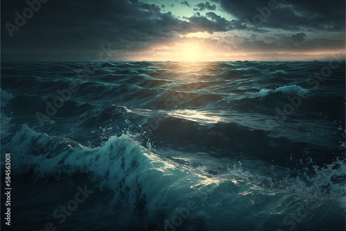 strong waves in the sea with a beautiful sunset