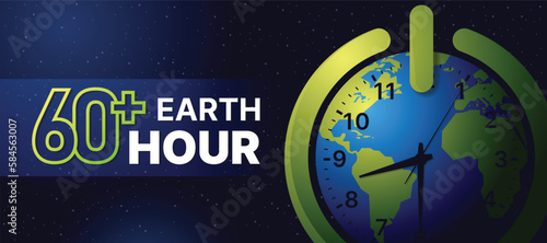 60 minutes plus, Earth hour text and green circle shutdown sign around on globe world on dark space background vector design