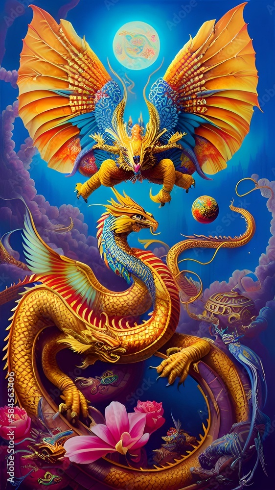 A fantastic fairy-tale dragon. Generated by AI. The theme of the Chinese New Year of astrology and horoscopes. Fantasy style A fantastic fairy-tale dragon. Generated by AI. The theme of the Chinese New Year of astrology and horoscopes. Fantasy style