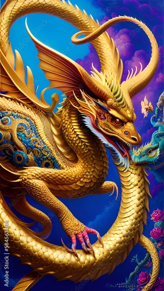 Obraz premium A fantastic fairy-tale dragon. Generated by AI. The theme of the Chinese New Year of astrology and horoscopes. Fantasy style