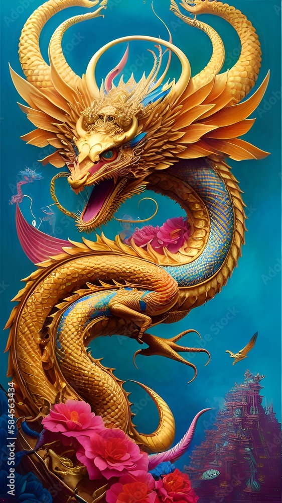 Fototapeta premium A fantastic fairy-tale dragon. Generated by AI. The theme of the Chinese New Year of astrology and horoscopes. Fantasy style