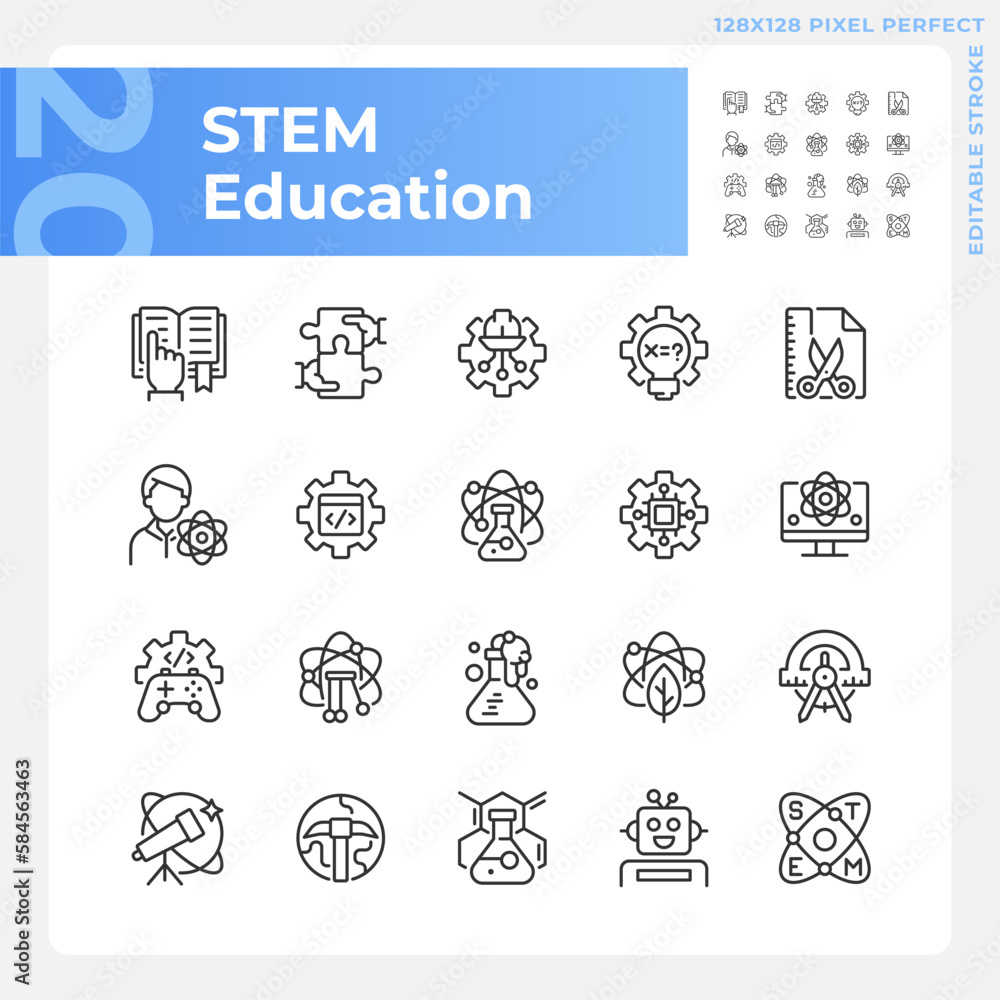 STEM education pixel perfect linear icons set. Integrate computing technology. Students development. Customizable thin line symbols. Isolated vector outline illustrations. Editable stroke