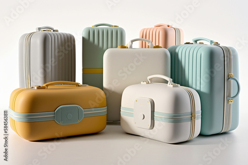 Suitcases of different colors for travel and vacation isolated on white background