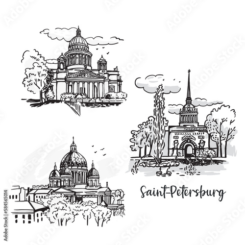 A set of views of St. Petersburg Russia. Graphic sketches. Black and white architecture graphics