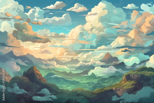 A sky landscape with breathtaking clouds in a digital painting. Generative AI