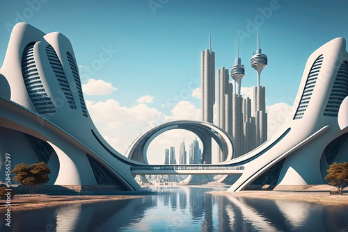 Highly realistic digital realism white futuristic city. Generative AI