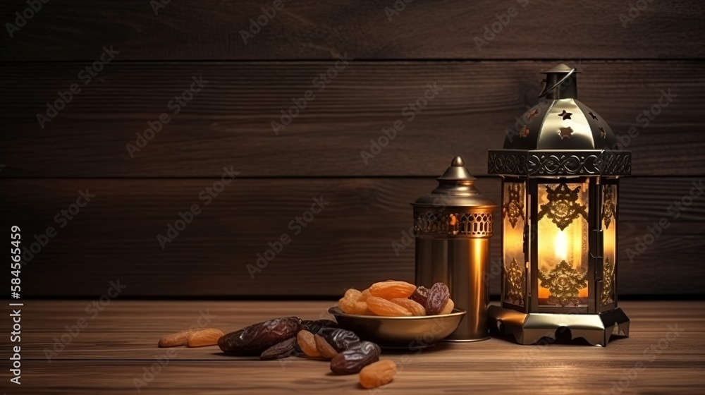 Ramadan concept. Dates close-up in the foreground. Ramadan Lantern on a wooden table. Ramadan concept. Dates close-up in the foreground. Ramadan Lantern on a wooden table.