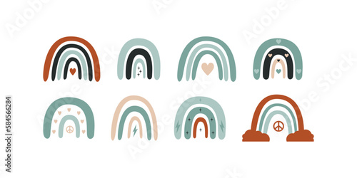 Flat vector hippy boho illustration. Hand drawn retro groovy rainbow