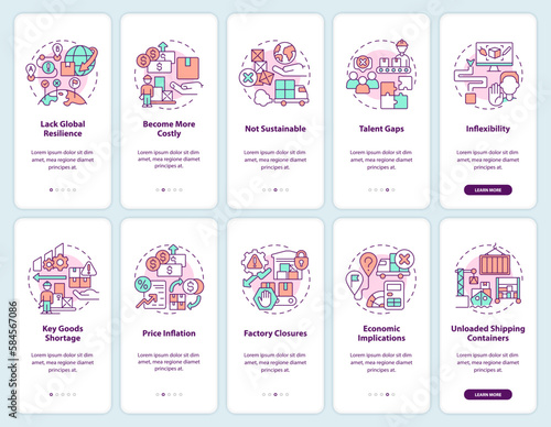 Supply chain issues maintain onboarding mobile app screens set. Walkthrough 5 steps editable graphic instructions with linear concepts. UI, UX, GUI template. Myriad Pro-Bold, Regular fonts used