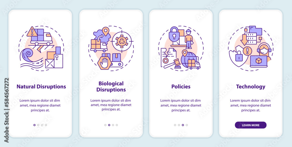 Supply chain disruptions onboarding mobile app screen. Logistics walkthrough 4 steps editable graphic instructions with linear concepts. UI, UX, GUI template. Myriad Pro-Bold, Regular fonts used