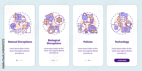 Supply chain disruptions onboarding mobile app screen. Logistics walkthrough 4 steps editable graphic instructions with linear concepts. UI, UX, GUI template. Myriad Pro-Bold, Regular fonts used