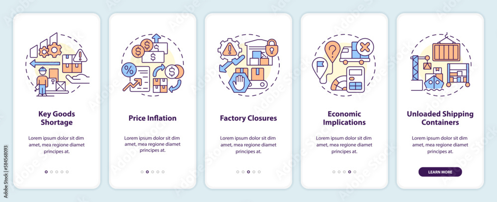 Vulnerabilities in supply chain onboarding mobile app screen. Business walkthrough 5 steps editable graphic instructions with linear concepts. UI, UX, GUI template. Myriad Pro-Bold, Regular fonts used