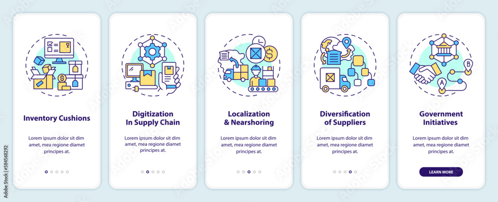 Key supply chain strategy onboarding mobile app screen. Business walkthrough 5 steps editable graphic instructions with linear concepts. UI, UX, GUI template. Myriad Pro-Bold, Regular fonts used