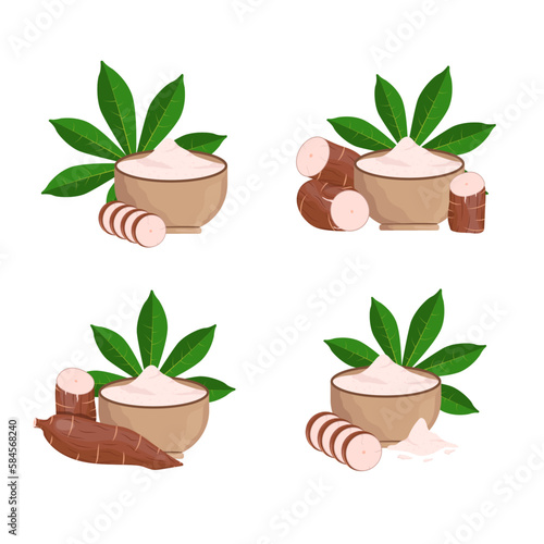 Vector cassava root Manihot esculenta, manioc and leaves, tapioca, cassava rhizomes isolated on white background