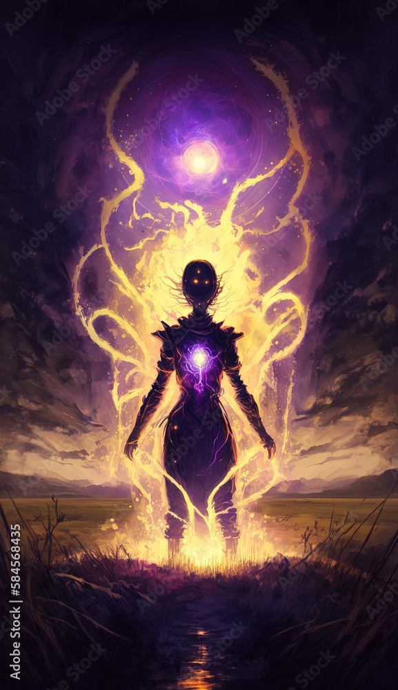 Person Standing in Field with Psychic Waves of Gold and Purple Created Using Generative Ai