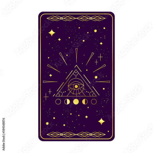 Tarot card gold with mystic eye pyramid isolated. Boho esoteric tarot card with eye and star. Vector illustration. Sacred geometry celestial triangle
