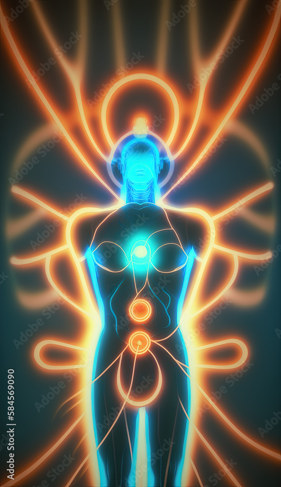 Calming visualization of chakras in contrasting neon hues created using generative ai Calming visualization of chakras in contrasting neon hues created using generative ai
