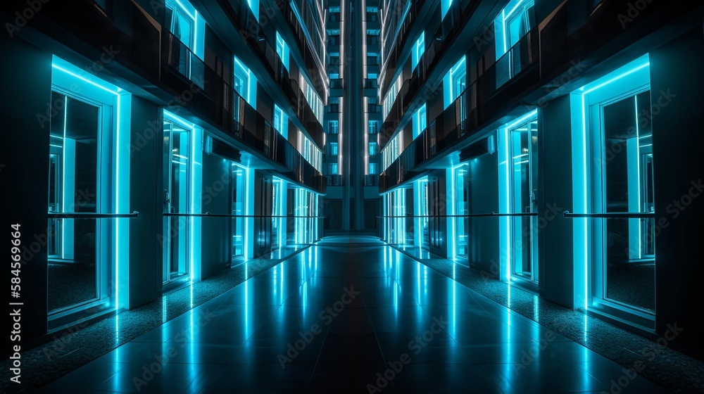 Großer blauer beleutender Raum im Zukunftsdesign Großer blauer beleutender Raum im Zukunftsdesign