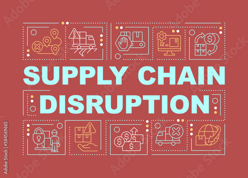 Supply chain disruption word concepts yellow banner. Distribution. Infographics with editable icons on color background. Isolated typography. Vector illustration with text. Arial-Black font used