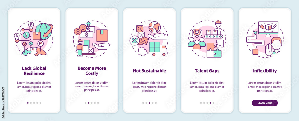 Supply chain challenges onboarding mobile app screen. Delivery walkthrough 5 steps editable graphic instructions with linear concepts. UI, UX, GUI template. Myriad Pro-Bold, Regular fonts used