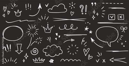 Sketch underline, emphasis, arrow shape set on chalkboard background. Hand drawn brush stroke, highlight, speech bubble, underline, sparkle element. Vector illustration