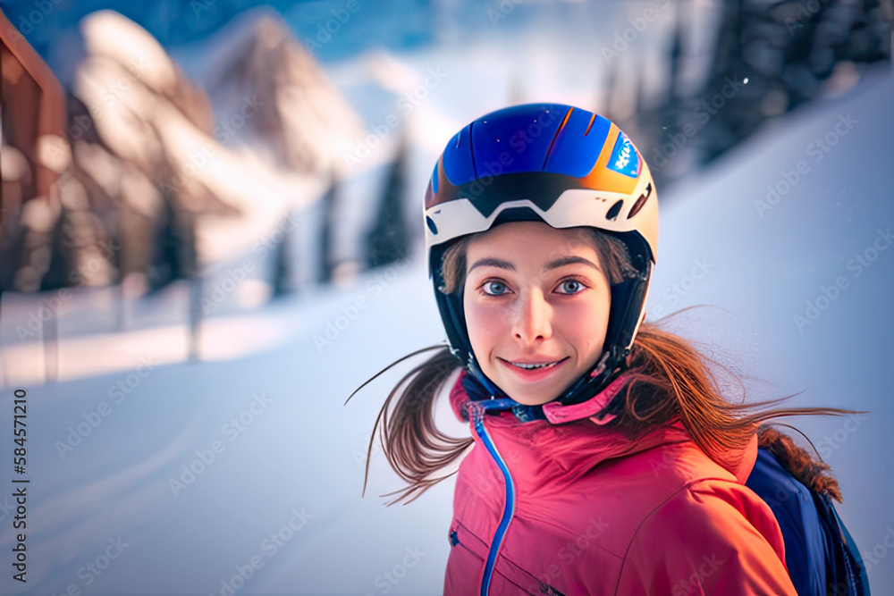 Happy young girl ready to go on a ski run - Generative AI Happy young girl ready to go on a ski run - Generative AI