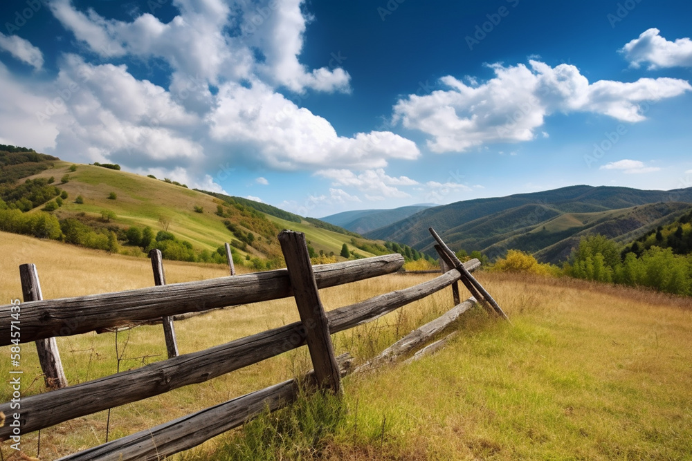 Rustic wooden fence with a backdrop of rolling hills and blue skies, generative ai