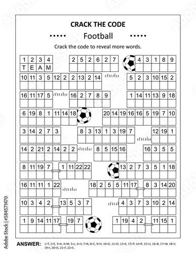 Crack the code word game, or codebreaker word puzzle, with various football related words and phrases. Answer included.
