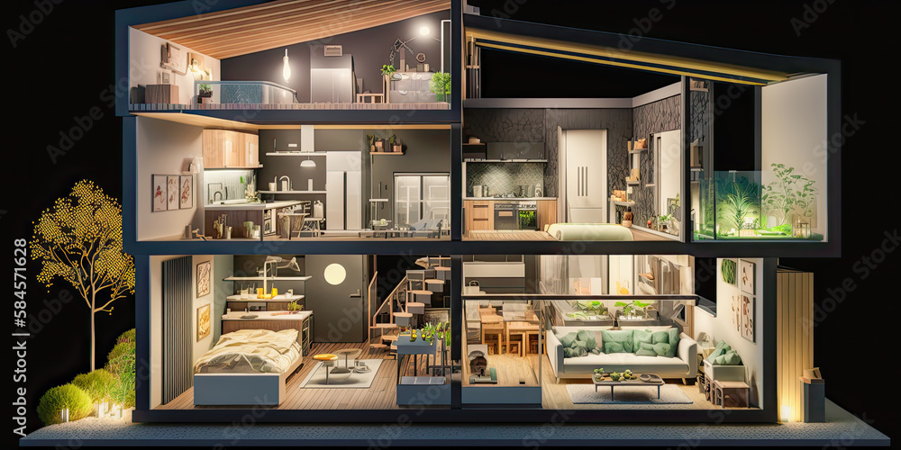 Modern home cross-section at night. Cozy and comfortable living spaces - Generative AI
