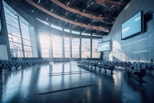 high tech auditorium hall a research center with a giant window , ai generative © ZoomTeam